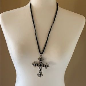 Large Filigree Silver And Black Stone Cross